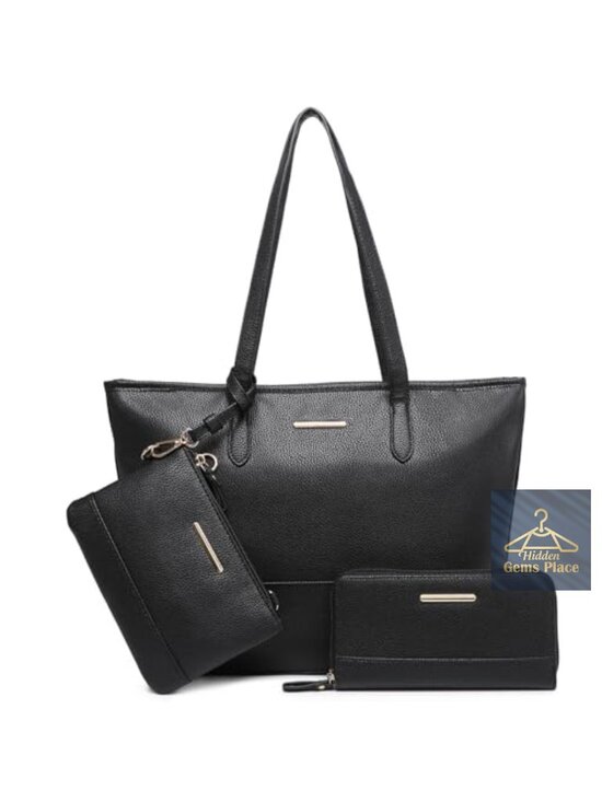 Handbags - 3-piece Vegan Leather Tote Set with Wristlet and Wallet